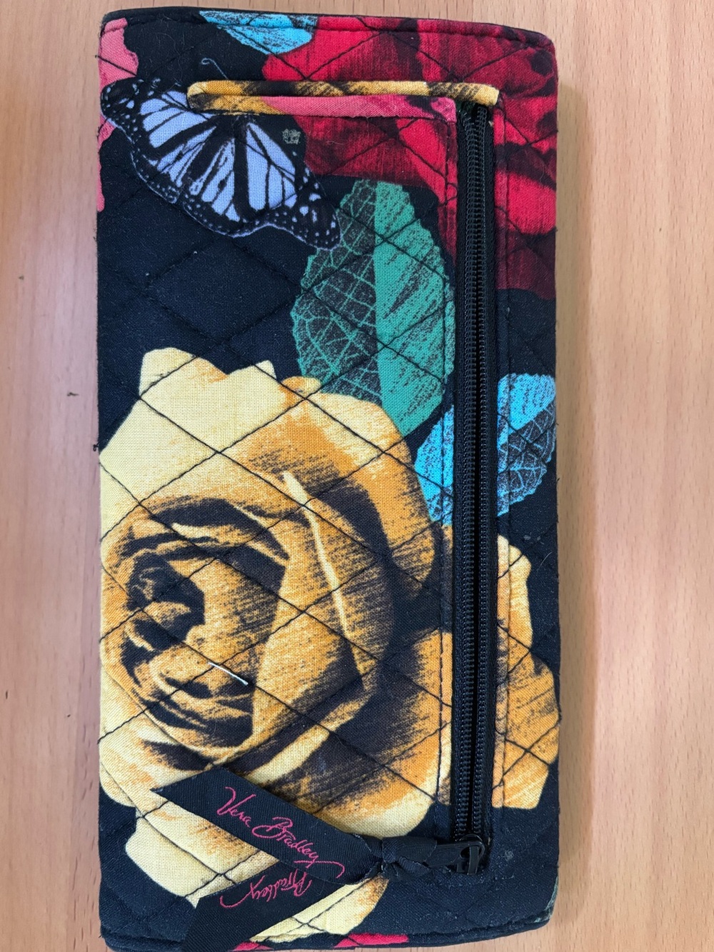 Vera Bradley Quilted Zip Wallet in Black with Yellow Rose & Multicolor Floral